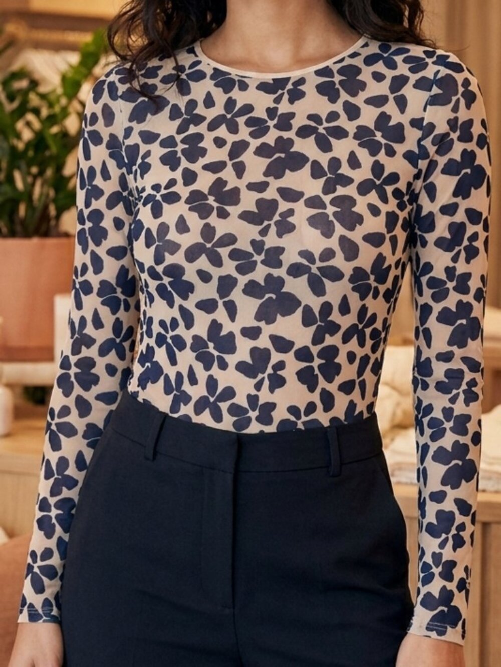 Sheer Floral Print Victoria's Secret Navy Mesh Long Sleeve Bodysuit Size M Mediu